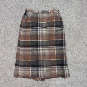 Hunter Sportswear Vintage Plaid Midi Skirt Brown Grey Wool Blend A-Line Pocket